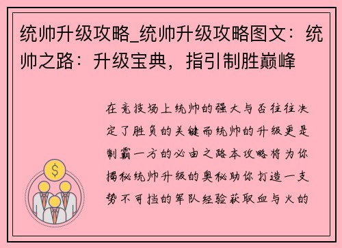 统帅升级攻略_统帅升级攻略图文：统帅之路：升级宝典，指引制胜巅峰